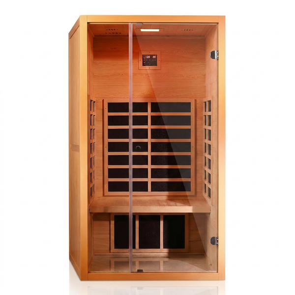 1 Person Extendable FAR Infrared Sauna for Home, Hemlock Wood Low EMF 6 Carbon Heaters Indoor Saunas with LED Lights, Bluetooth Speaker, Digital Control Panel, and Seating Bench — Studio Shot